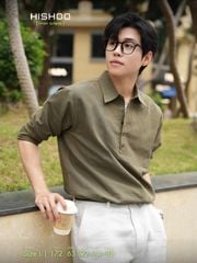 Áo Sơ Mi Nam Rêu Tay Dài Relax Form Rộng, Cổ Polo Sơ Mi, Xẻ V Linen Solene Vải Mềm Mát HISHOO A3T003