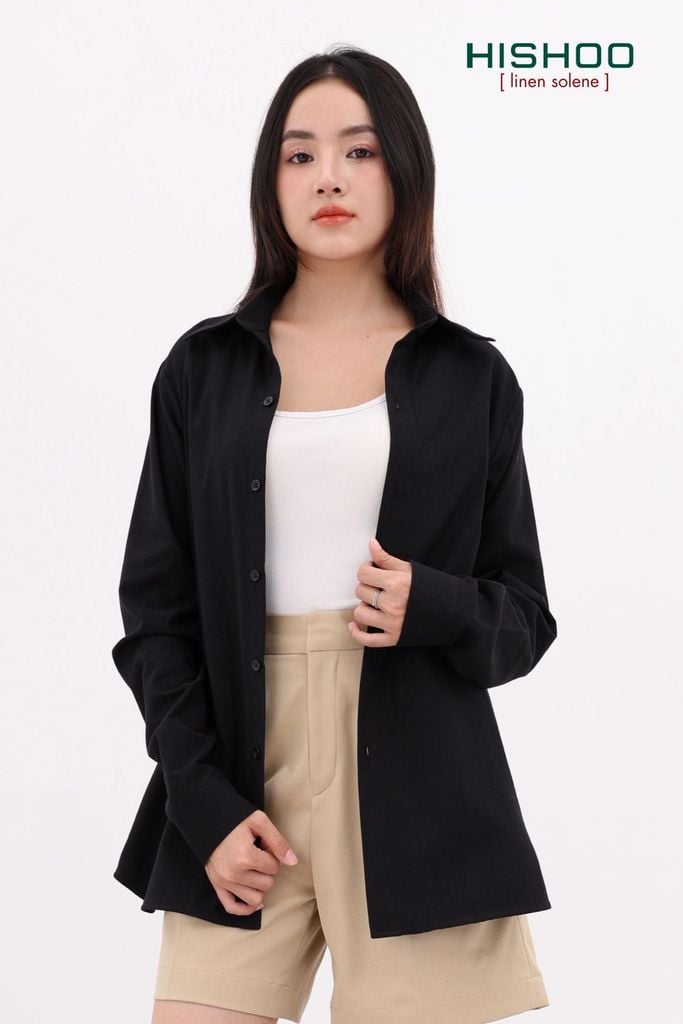 Áo Sơ Mi Tay Dài Nữ Relax Form Rộng, Cổ Thường, Lai Ngang Linen Solene Vải Mềm Mát HISHOO A2G003