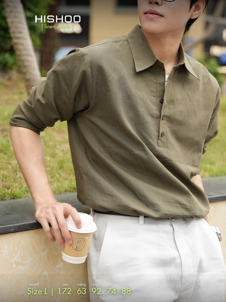 Áo Sơ Mi Nam Tay Dài Relax Form Rộng, Cổ Polo Sơ Mi, Xẻ V Linen Solene Vải Mềm Mát HISHOO A3T003
