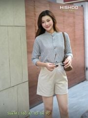 Áo Sọc Sơ Mi Nút Gỗ Tay Dài Nữ Relax Form Rộng, Cổ Tàu Vuông, Lai Ngang Linen Solene Vải Mềm Mát HISHOO A2G002