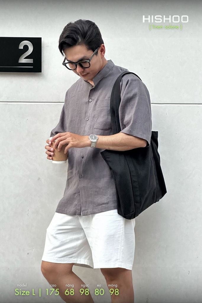 Áo Sơ Mi Xám Chuột Nam Relax Form Rộng, Cổ Tàu Vuông, Lai Ngang Linen Solene Vải Mềm Mát HISHOO A1T002