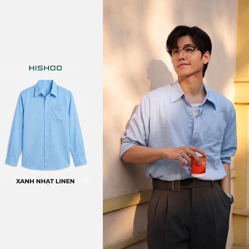 Áo Sơ Mi Nam Tay Dài Relax Form Rộng, Cổ Thường, Lai Ngang Linen Solene Vải Mềm Mát HISHOO A2T003
