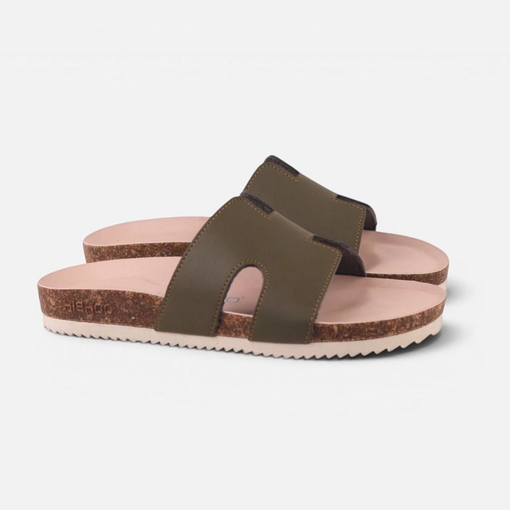 Dép đế trấu birken Xanh Olive  chữ H premium HISHOO B095