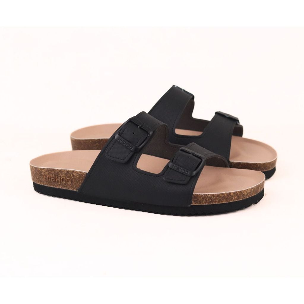 Dép đế trấu birken 2 khoá Đen Saffiano premium HISHOO B093