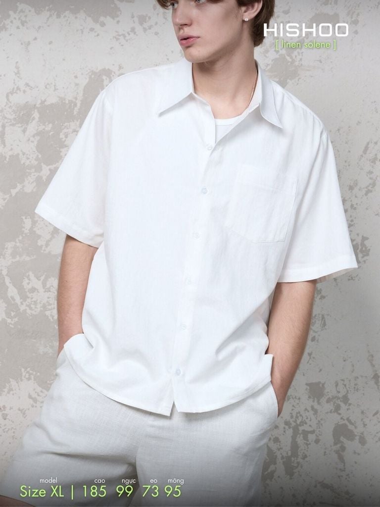 Áo Sơ Mi Nam Trắng Relax Form Rộng, Cổ Thường, Lai Ngang Linen Solene Vải Mềm Mát HISHOO A1T003