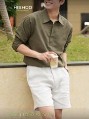 Áo Sơ Mi Nam Tay Dài Relax Form Rộng, Cổ Polo Sơ Mi, Xẻ V Linen Solene Vải Mềm Mát HISHOO A3T003