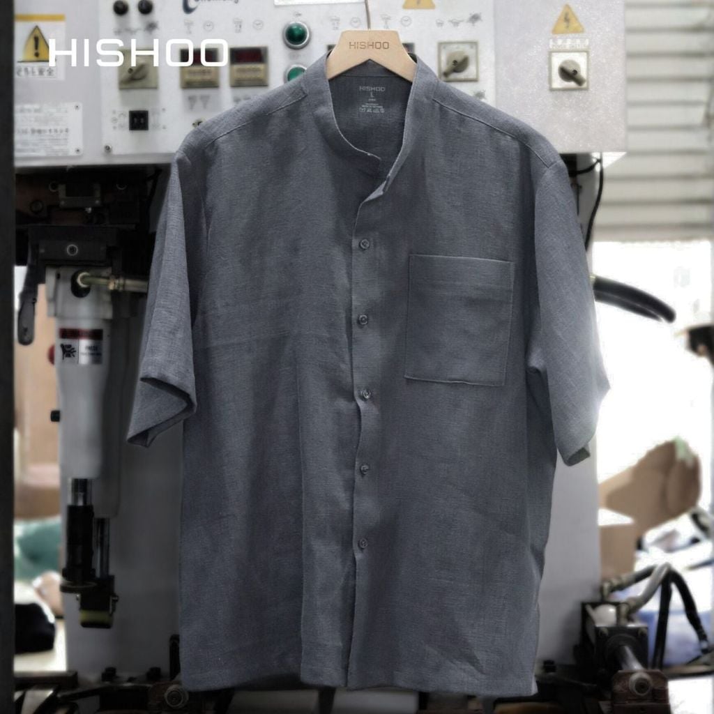 Áo Sơ Mi Xám Chuột Nam Relax Form Rộng, Cổ Tàu Vuông, Lai Ngang Linen Solene Vải Mềm Mát HISHOO A1T002