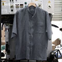 Áo Sơ Mi Xám Chuột Nam Relax Form Rộng, Cổ Tàu Vuông, Lai Ngang Linen Solene Vải Mềm Mát HISHOO A1T002