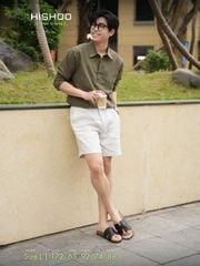Áo Sơ Mi Nam Rêu Tay Dài Relax Form Rộng, Cổ Polo Sơ Mi, Xẻ V Linen Solene Vải Mềm Mát HISHOO A3T003