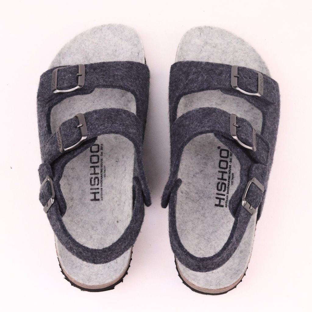 Dép đế trấu sandal birken quai ngang 2 khoá vải dạ Premium HISHOO B102