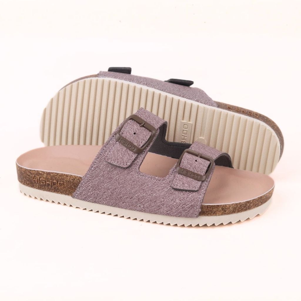 Dép đế trấu birken 2 khóa Nâu Demin Khóa Nâu Premium HISHOO B093