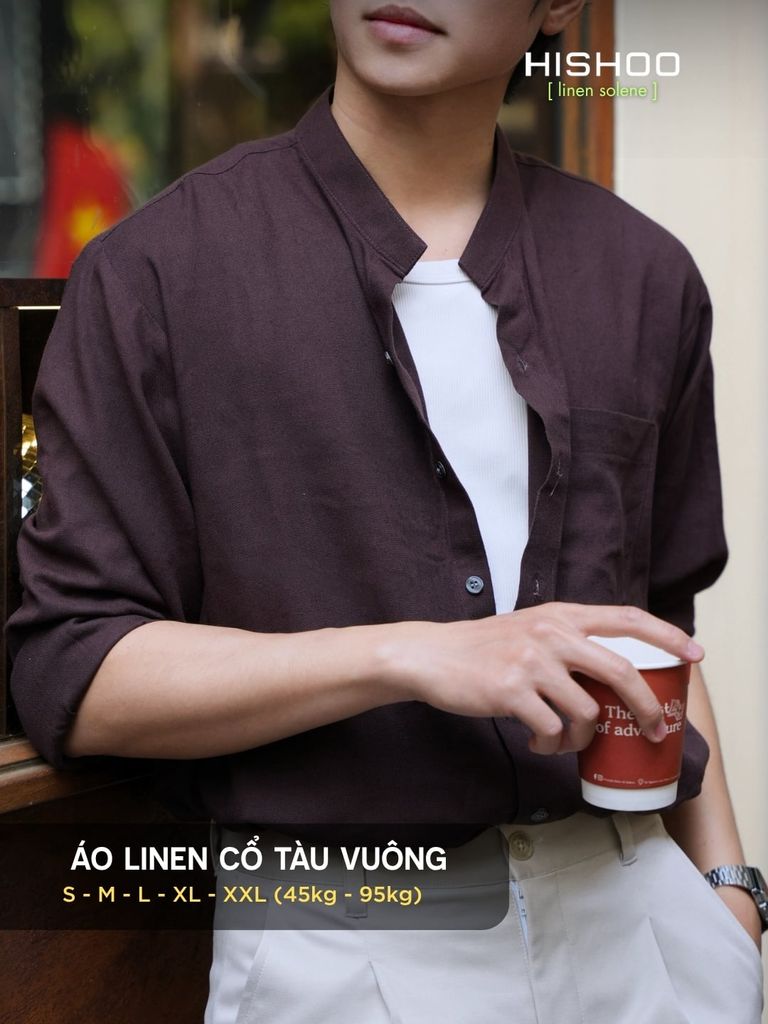 Áo Sơ Mi Nam Nâu Walnut Tay Dài Relax Form Rộng, Cổ Tàu Vuông, Lai Ngang Linen Solene Vải Mềm Mát HISHOO A2T002