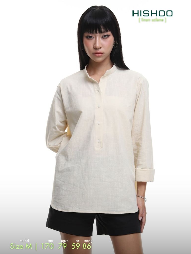 Áo Sơ Mi Kem Nữ Tay Dài Relax Form Rộng, Cổ Polo Tàu Vuông, Xẻ V Linen Solene Vải Mềm Mát HISHOO A3G002