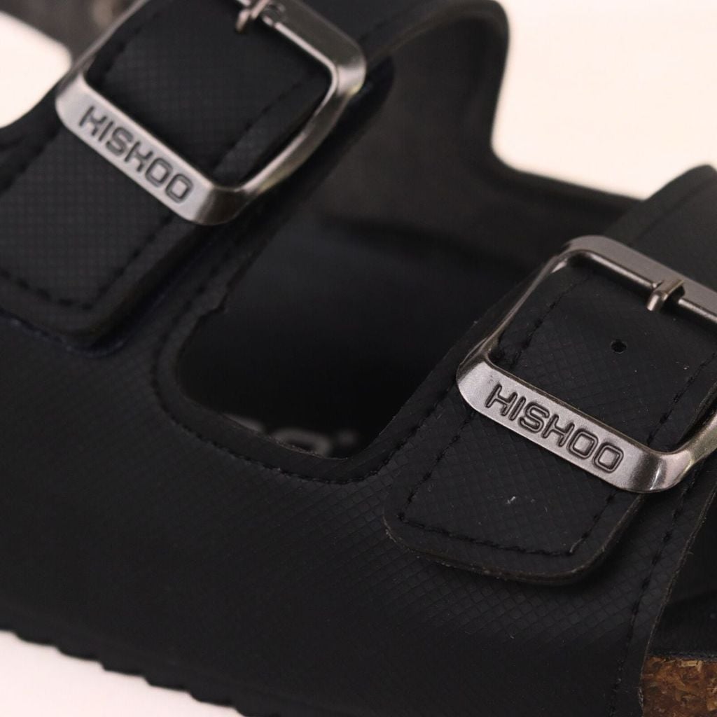 Dép đế trấu Sandal birken quai ngang 2 khoá MẶT ĐEN da SAFFIANO Hishoo M102
