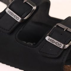 Dép đế trấu Sandal birken quai ngang 2 khoá MẶT ĐEN da SAFFIANO Hishoo M102