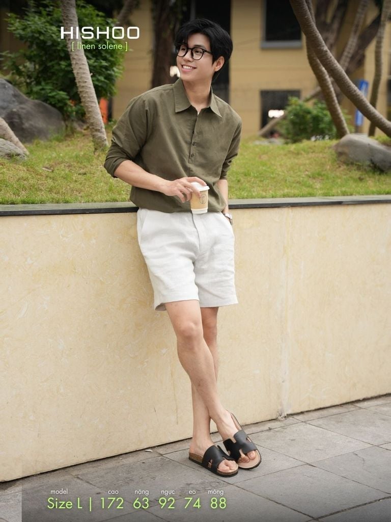 Áo Sơ Mi Nam Tay Dài Relax Form Rộng, Cổ Polo Sơ Mi, Xẻ V Linen Solene Vải Mềm Mát HISHOO A3T003