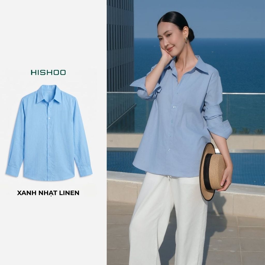 Áo Sơ Mi Tay Dài Nữ Relax Form Rộng, Cổ Thường, Lai Ngang Linen Solene Vải Mềm Mát HISHOO A2G003