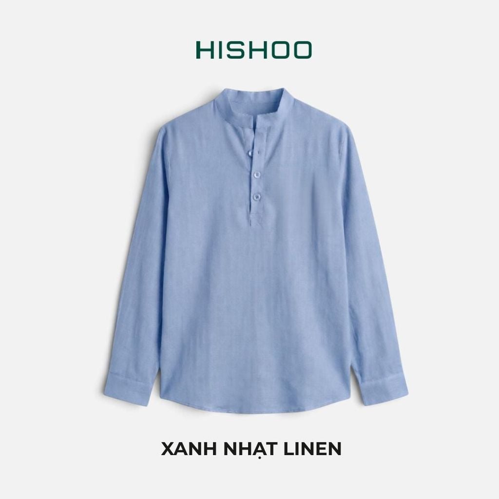 Áo Sơ Mi Nữ Tay Dài Relax Form Rộng, Cổ Polo Tàu Vuông, Xẻ V Linen Solene Vải Mềm Mát HISHOO A3G002