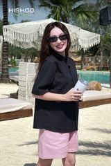 Áo Sơ Mi Đen Nữ Relax Form Rộng, Cổ Tàu Vuông, Lai Ngang Linen Solene Vải Mềm Mát HISHOO A1G002