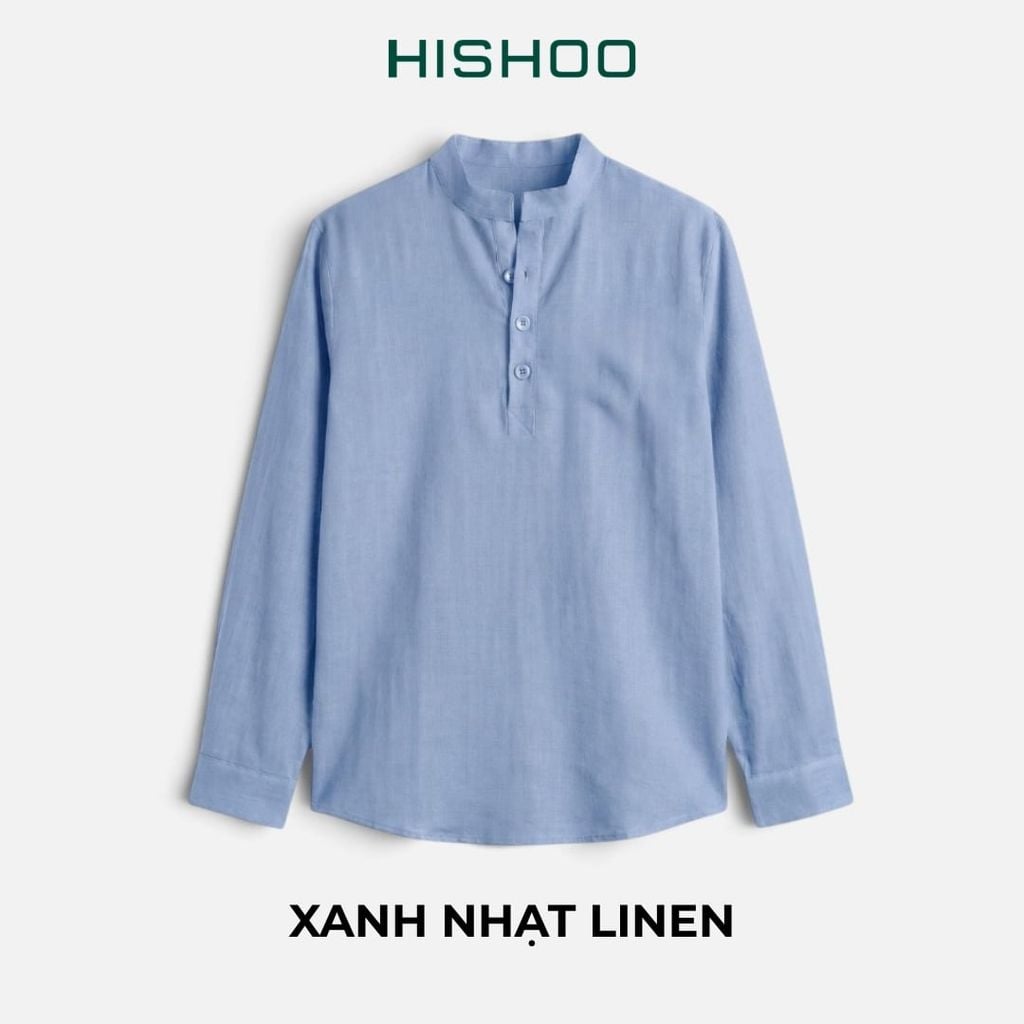 Áo Sơ Mi Nam Tay Dài Relax Form Rộng, Cổ Polo Tàu Vuông, Xẻ V Linen Solene Vải Mềm Mát HISHOO A3T002