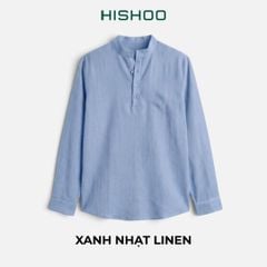 Áo Sơ Mi Nam Tay Dài Relax Form Rộng, Cổ Polo Tàu Vuông, Xẻ V Linen Solene Vải Mềm Mát HISHOO A3T002