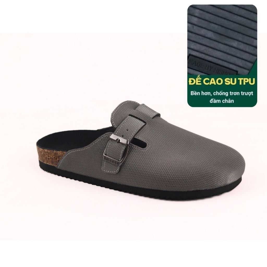 Dép đế trấu sục Boston quai ngang Xám Ghi da saffiano  HISHOO R109