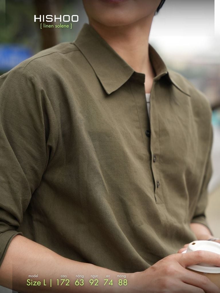 Áo Sơ Mi Nam Tay Dài Relax Form Rộng, Cổ Polo Sơ Mi, Xẻ V Linen Solene Vải Mềm Mát HISHOO A3T003