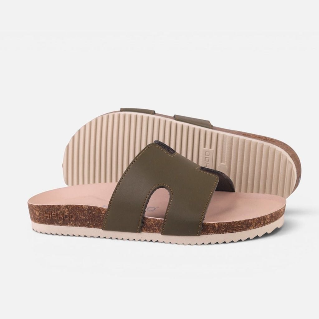 Dép đế trấu birken Xanh Olive  chữ H premium HISHOO B095