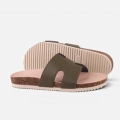 Dép đế trấu birken Xanh Olive  chữ H premium HISHOO B095