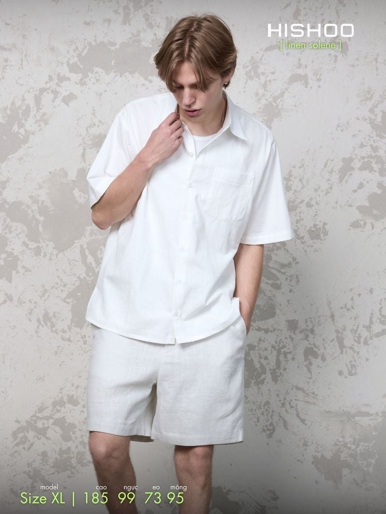 Áo Sơ Mi Nam Trắng Relax Form Rộng, Cổ Thường, Lai Ngang Linen Solene Vải Mềm Mát HISHOO A1T003