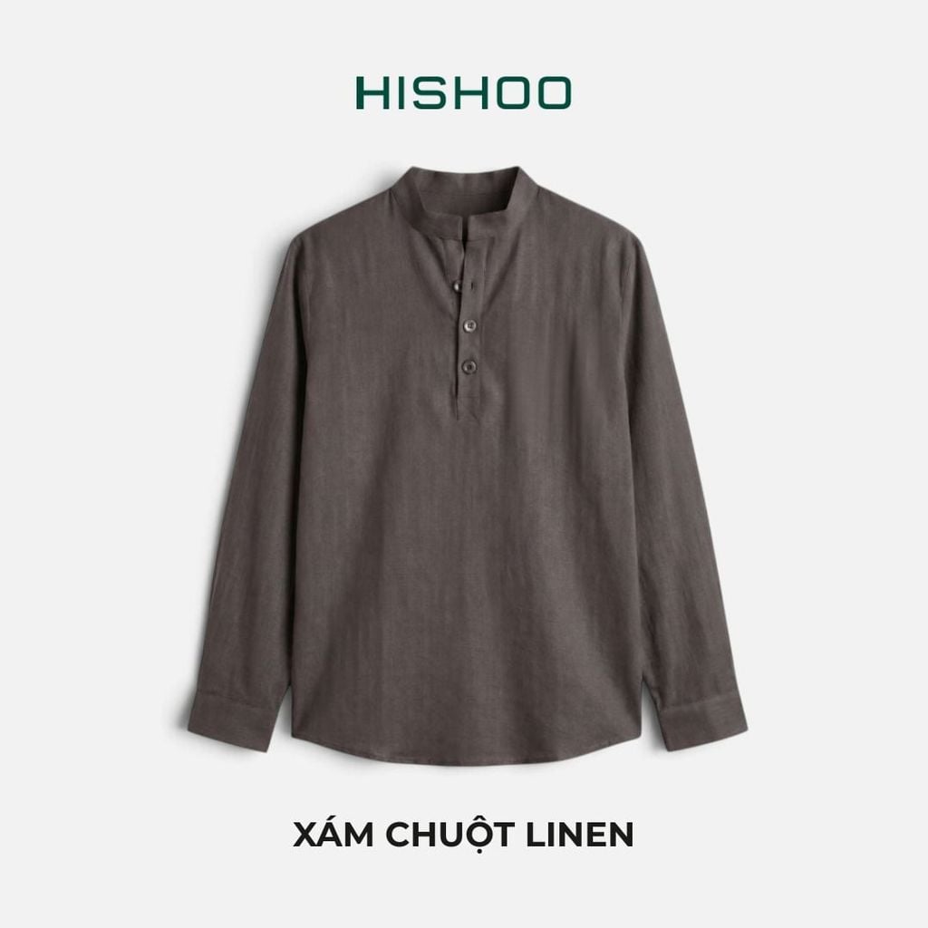Áo Sơ Mi Nữ Tay Dài Relax Form Rộng, Cổ Polo Tàu Vuông, Xẻ V Linen Solene Vải Mềm Mát HISHOO A3G002