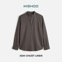Áo Sơ Mi Nữ Tay Dài Relax Form Rộng, Cổ Polo Tàu Vuông, Xẻ V Linen Solene Vải Mềm Mát HISHOO A3G002