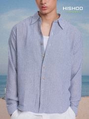 Áo Sơ Mi Trắng Sọc Nâu Nút Gỗ Tay Dài Nam Relax Form Rộng, Cổ Thường, Lai Ngang Linen Solene Vải Mềm Mát HISHOO A2T003