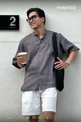 Áo Sơ Mi Xám Chuột Nam Relax Form Rộng, Cổ Tàu Vuông, Lai Ngang Linen Solene Vải Mềm Mát HISHOO A1T002