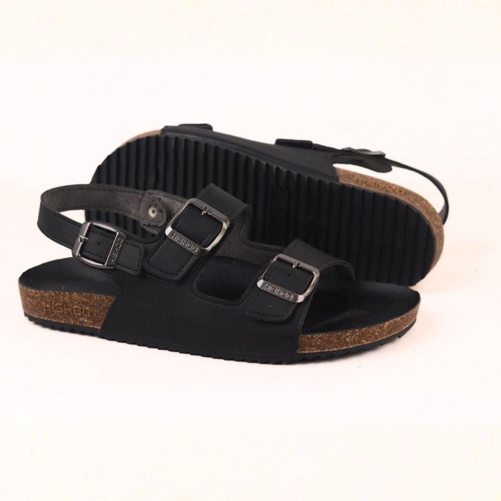 Dép đế trấu Sandal birken quai ngang 2 khoá MẶT ĐEN da SAFFIANO Hishoo M102