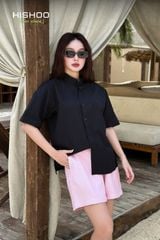 Áo Sơ Mi Đen Nữ Relax Form Rộng, Cổ Tàu Vuông, Lai Ngang Linen Solene Vải Mềm Mát HISHOO A1G002