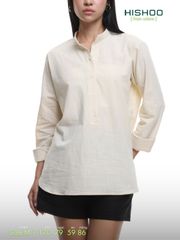 Áo Sơ Mi Kem Nữ Tay Dài Relax Form Rộng, Cổ Polo Tàu Vuông, Xẻ V Linen Solene Vải Mềm Mát HISHOO A3G002