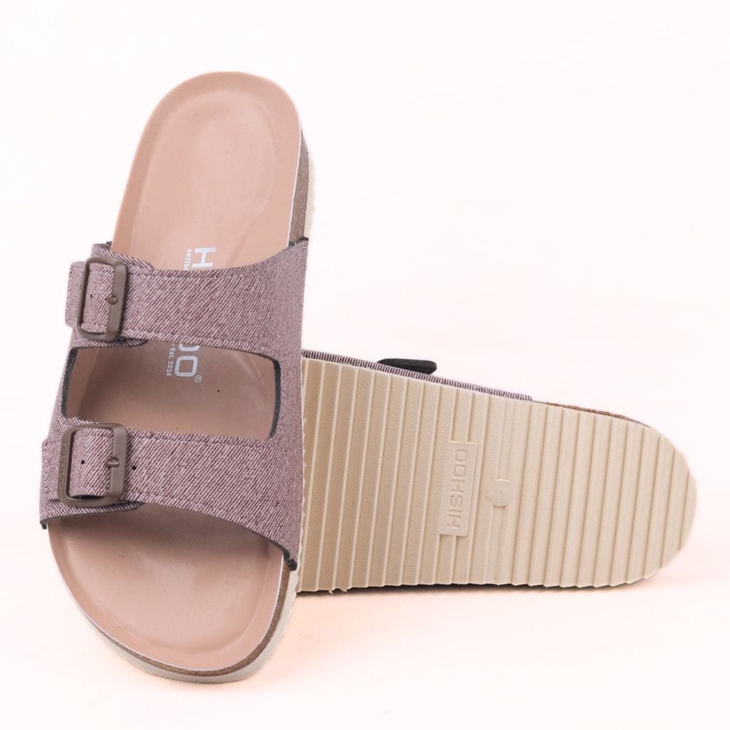 Dép đế trấu birken 2 khóa Nâu Demin Khóa Nâu Premium HISHOO B093