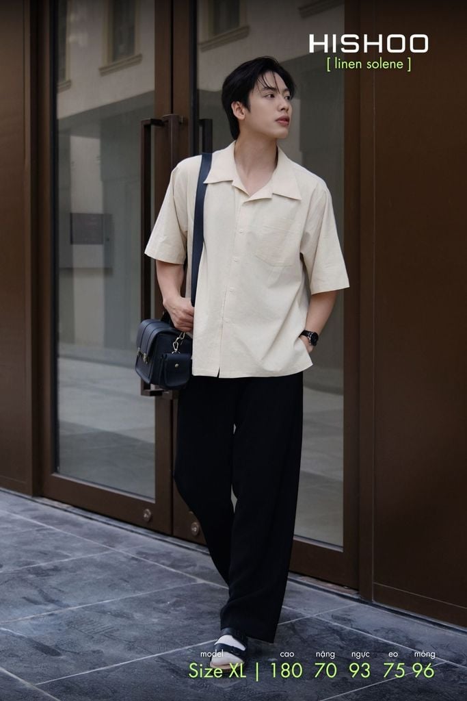 Áo Sơ Mi Nam Kem Relax Form Rộng, Cổ Danton, Lai Ngang Linen Solene Vải Mềm Mát HISHOO A1T004