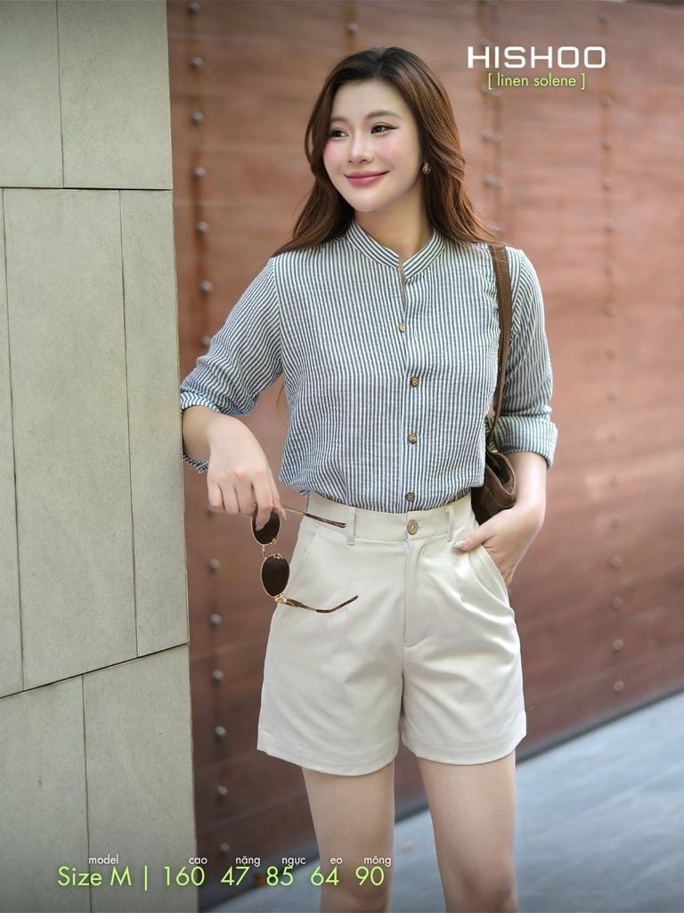 Áo Sọc Sơ Mi Nút Gỗ Tay Dài Nữ Relax Form Rộng, Cổ Tàu Vuông, Lai Ngang Linen Solene Vải Mềm Mát HISHOO A2G002