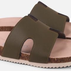 Dép đế trấu birken Xanh Olive  chữ H premium HISHOO B095