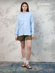 Áo Sơ Mi Tay Dài Nữ Xanh Nhạt Relax Form Rộng, Cổ Tàu Vuông, Lai Ngang Linen Solene Vải Mềm Mát HISHOO A2G002
