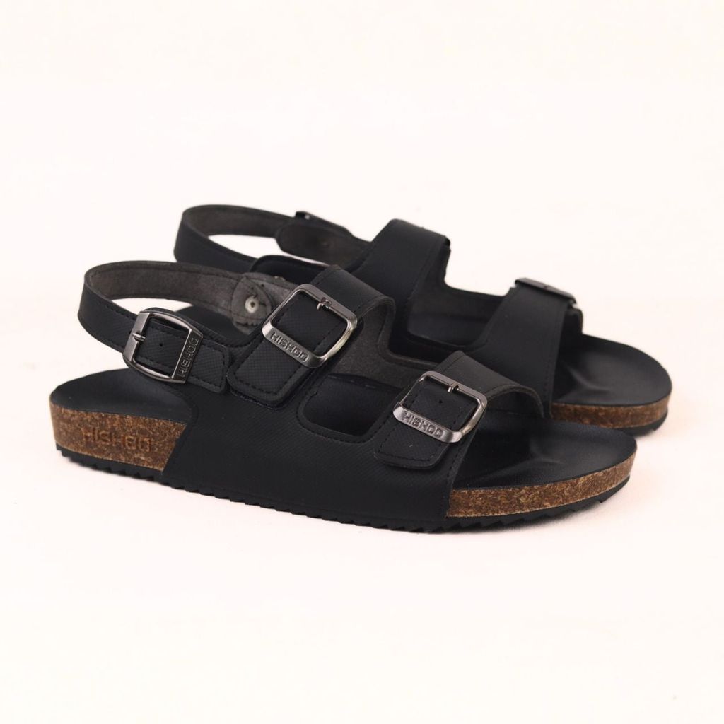 Dép đế trấu Sandal birken quai ngang 2 khoá MẶT ĐEN da SAFFIANO Hishoo M102