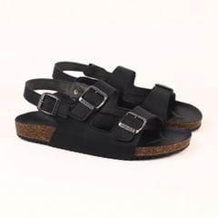 Dép đế trấu Sandal birken quai ngang 2 khoá MẶT ĐEN da SAFFIANO Hishoo M102