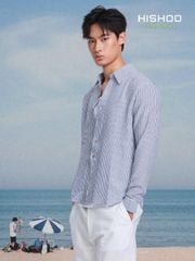 Áo Sơ Mi Trắng Sọc Nâu Nút Gỗ Tay Dài Nam Relax Form Rộng, Cổ Thường, Lai Ngang Linen Solene Vải Mềm Mát HISHOO A2T003