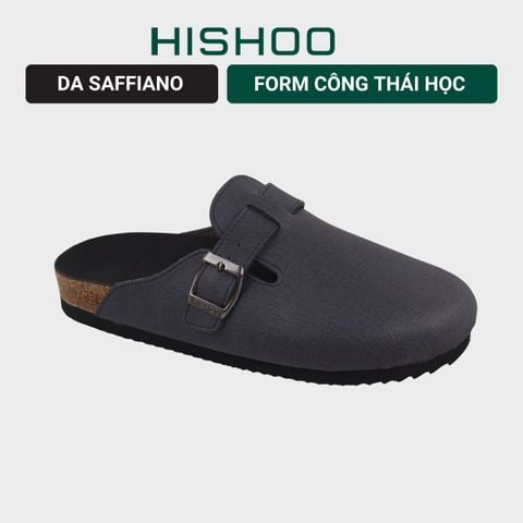Dép đế trấu sục Boston quai ngang Xanh Dương da saffiano  HISHOO R109
