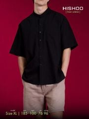 Áo Sơ Mi Đen Nam Relax Form Rộng, Cổ Tàu Vuông, Lai Ngang Linen Solene Vải Mềm Mát HISHOO A1T002