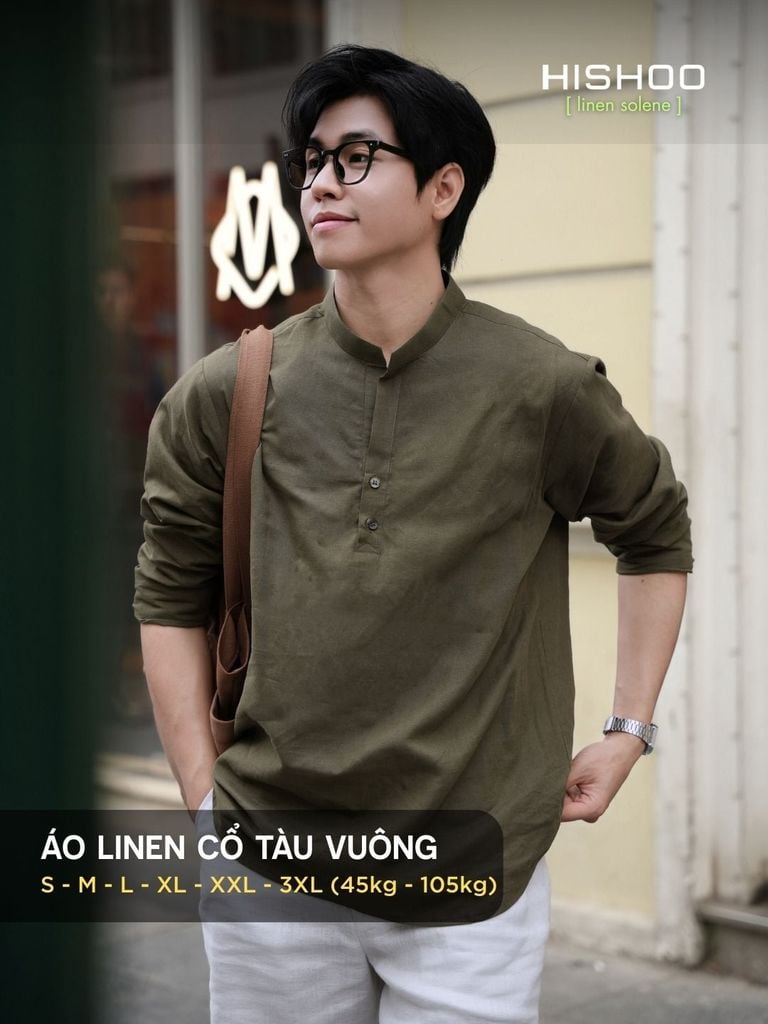 Áo Sơ Mi Nam Rêu Tay Dài Relax Form Rộng, Cổ Polo Tàu Vuông, Xẻ V Linen Solene Vải Mềm Mát HISHOO A3T002