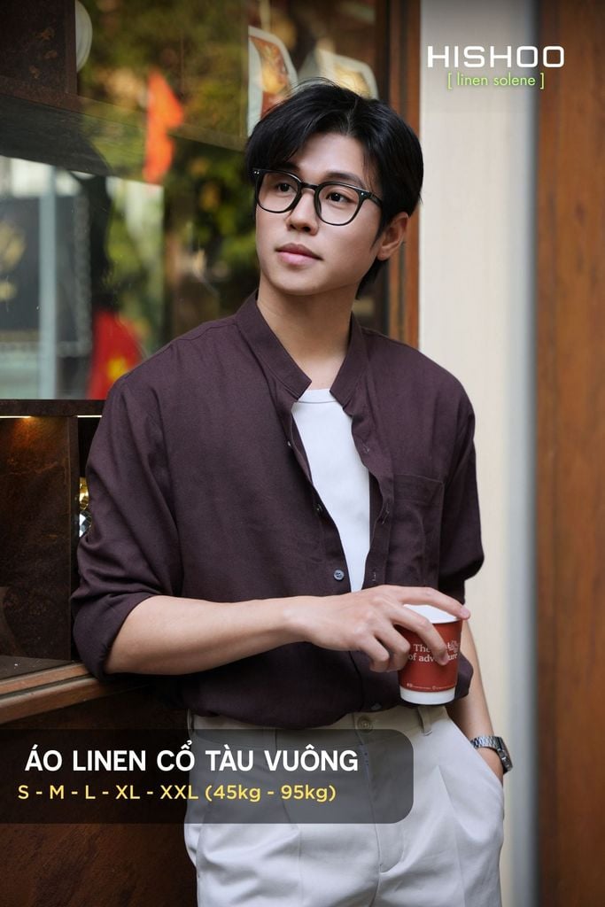 Áo Sơ Mi Nam Nâu Walnut Tay Dài Relax Form Rộng, Cổ Tàu Vuông, Lai Ngang Linen Solene Vải Mềm Mát HISHOO A2T002