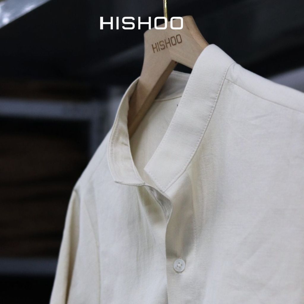 Áo Sơ Mi Nữ Relax Form Rộng, Cổ Tàu Vuông, Lai Ngang Linen Solene Vải Mềm Mát HISHOO A1G002